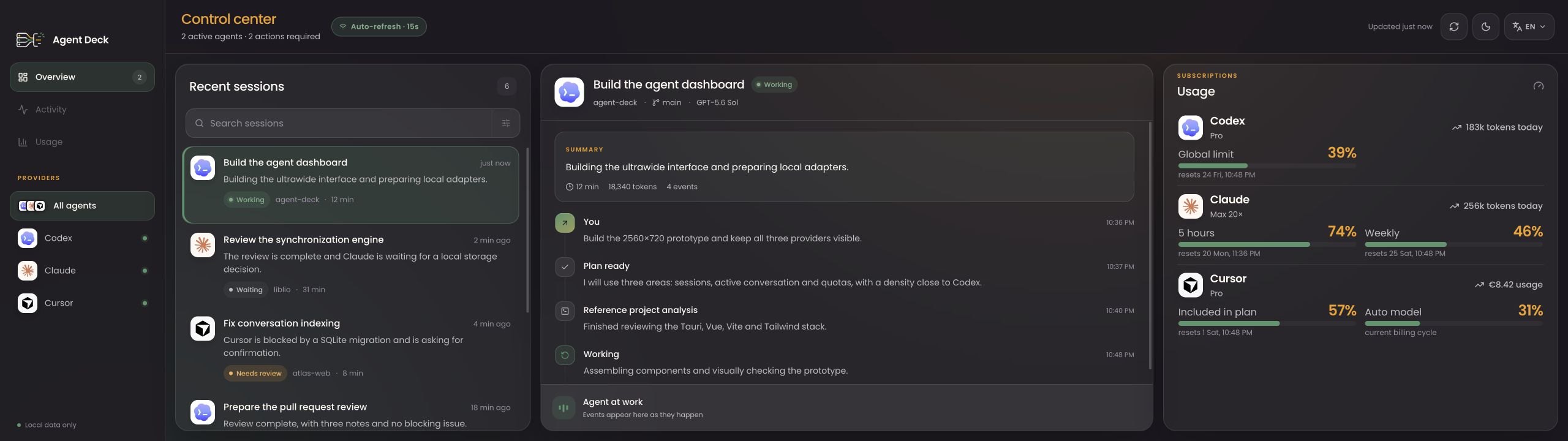 Responsive Agent Deck interface showing Codex, Claude, and Cursor sessions alongside subscription usage