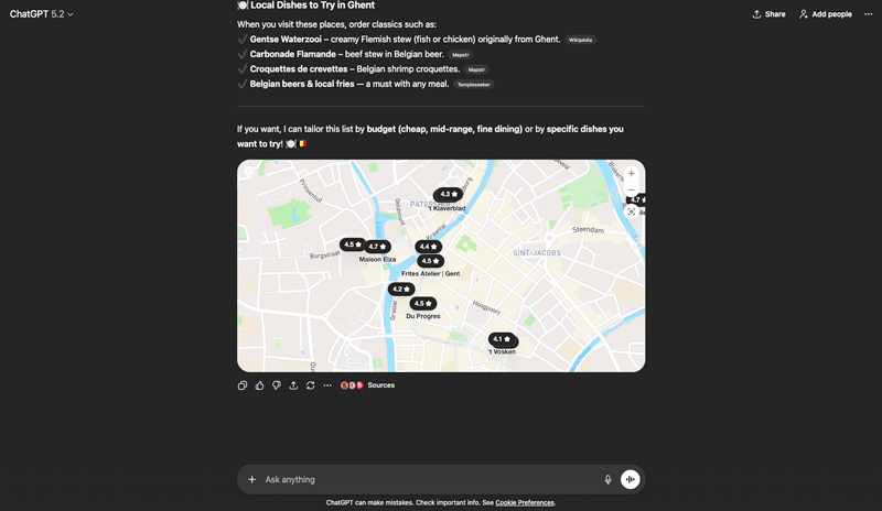 ChatGPT interface for local search - structured results with map and business profiles