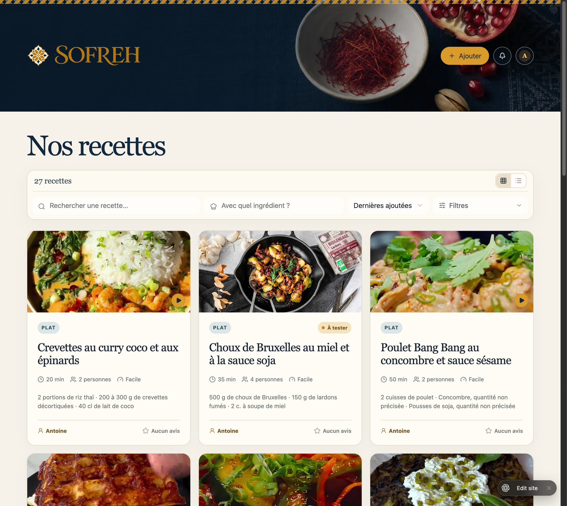 Sofreh recipe catalogue with search, filters, and recipe cards