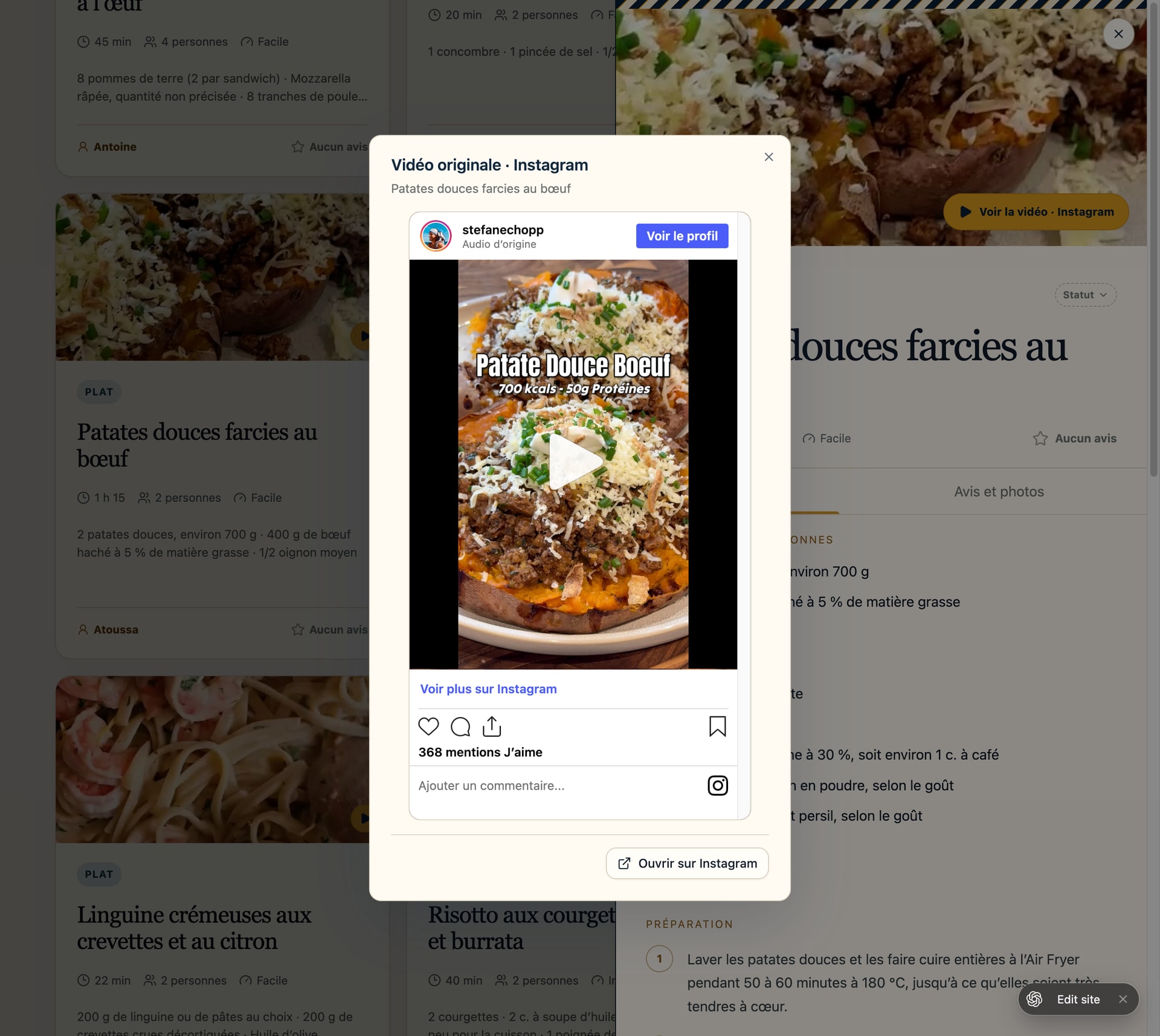 Instagram recipe video displayed in Sofreh
