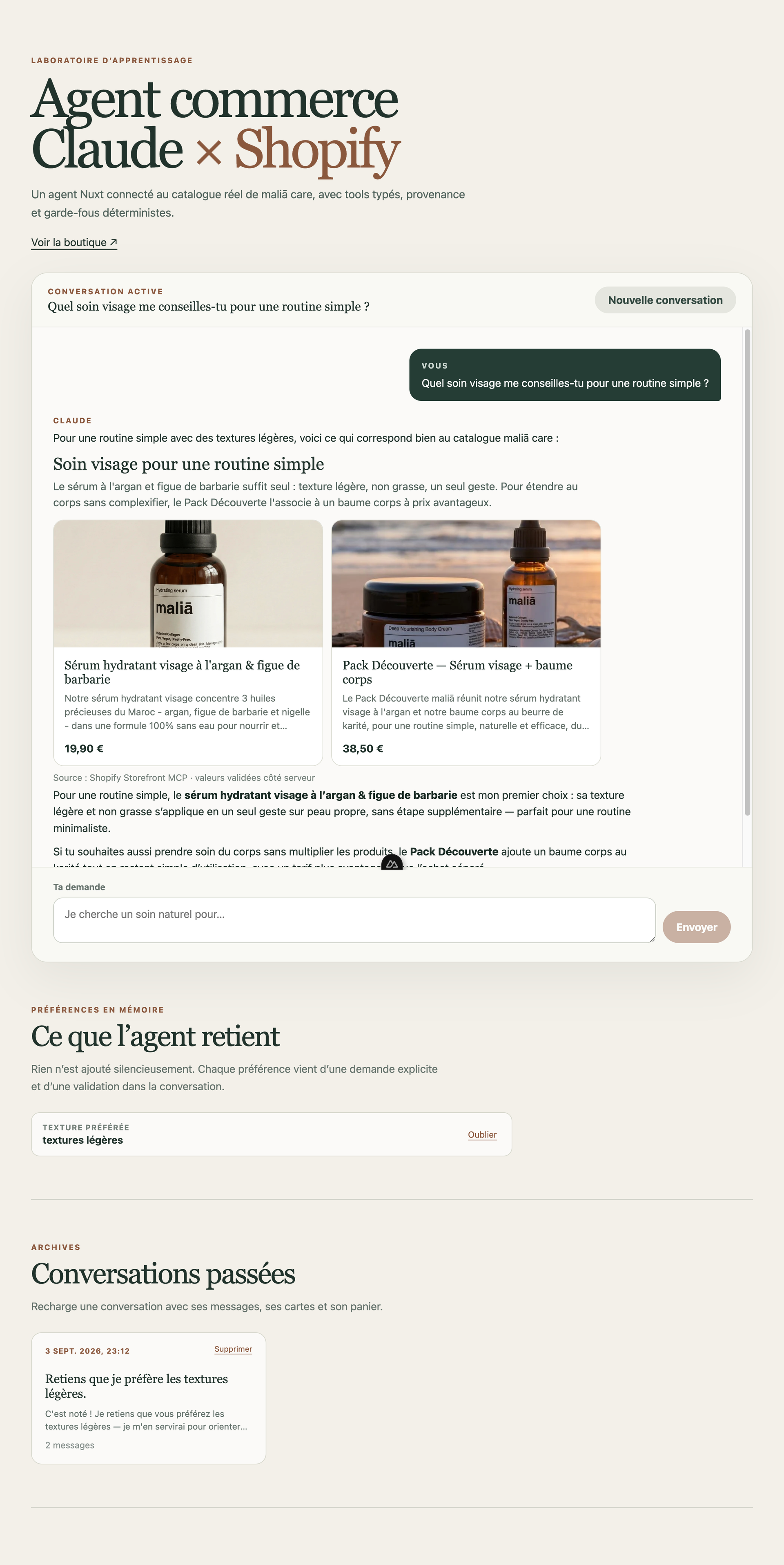 Nuxt prototype of a commerce agent using Claude to present products from the maliā care Shopify store