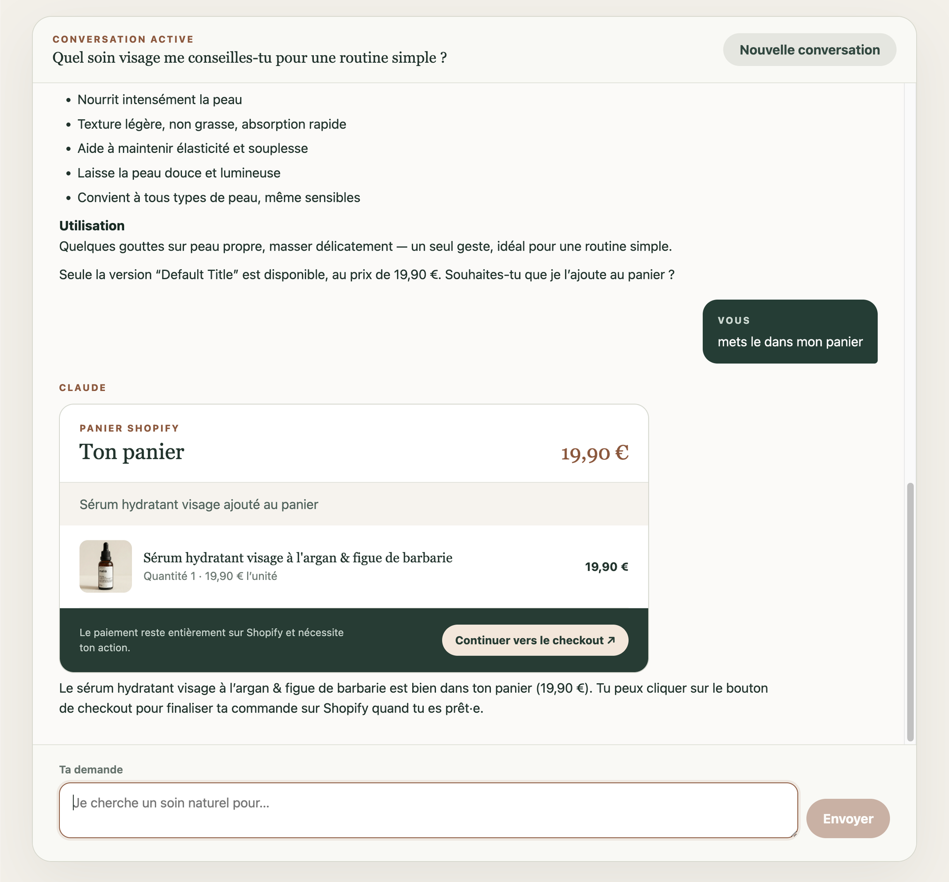 Shopify cart staged by a commerce agent using Claude, with final confirmation left to the user