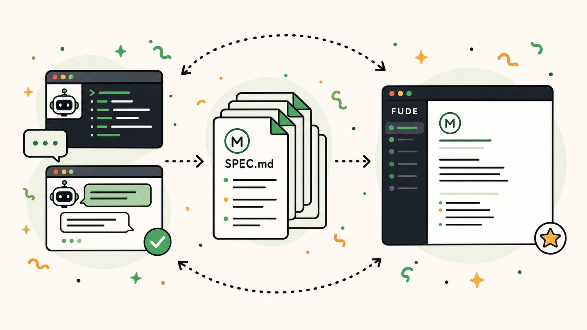 Illustration of the Markdown spec creation loop with Codex, Claude Code, and Fude