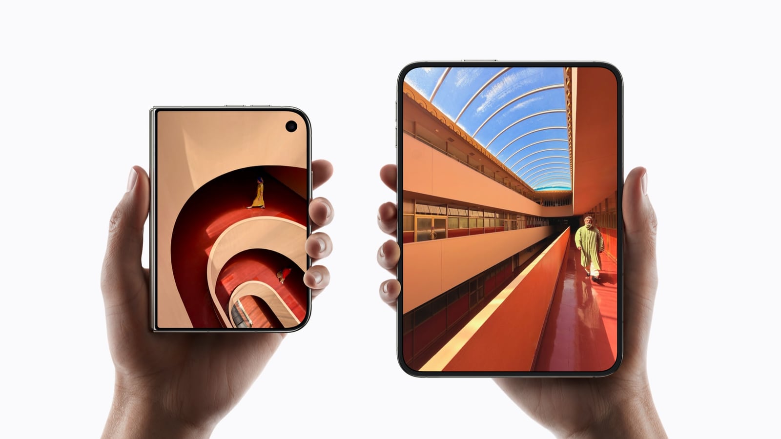 Two iPhone Duo devices held in hand, one closed and one open, showing the difference in screen size