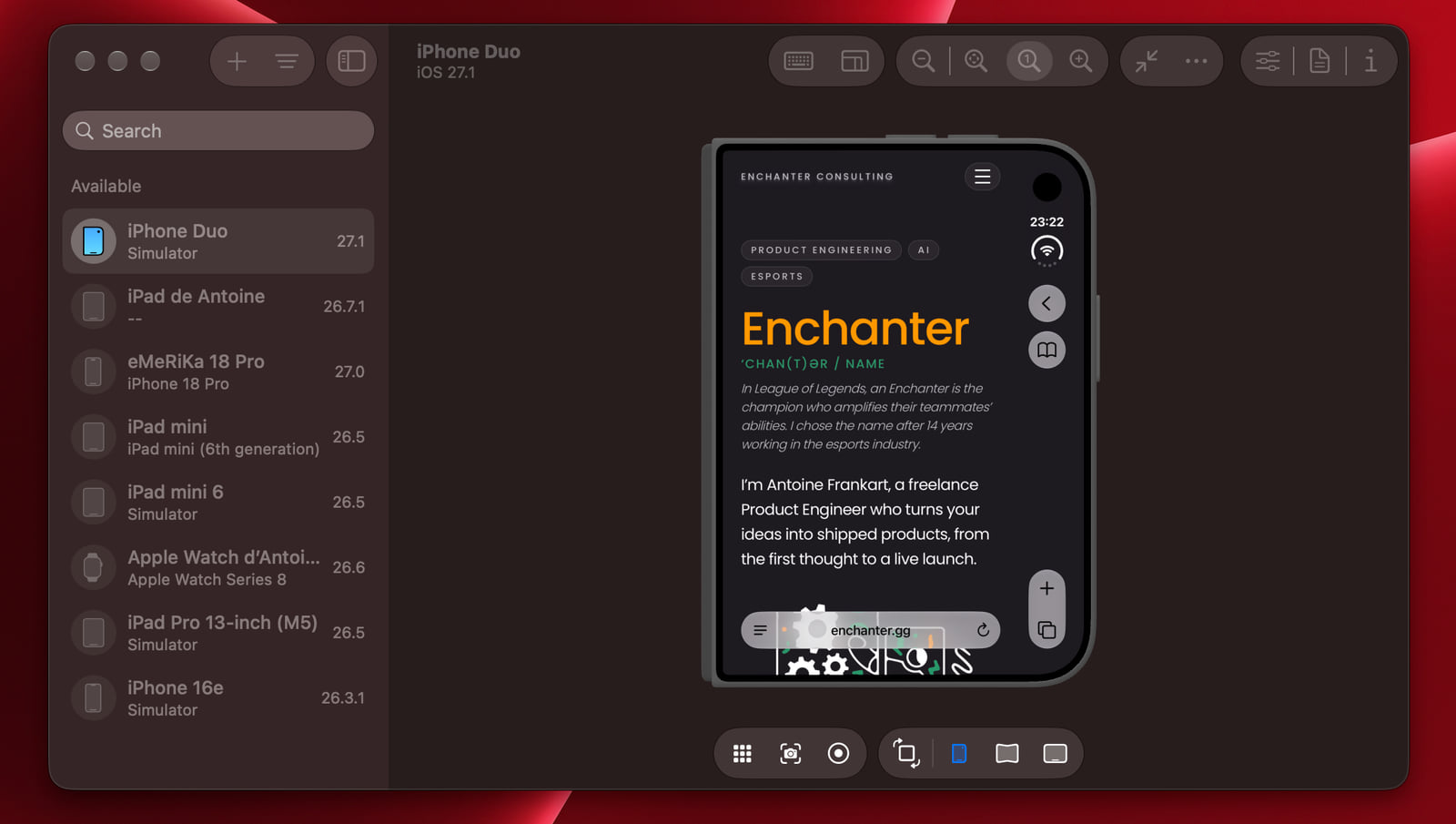 Closed iPhone Duo simulator running iOS 27.1 selected in Device Hub, with the Enchanter homepage in English in Safari and the pose controls below the device