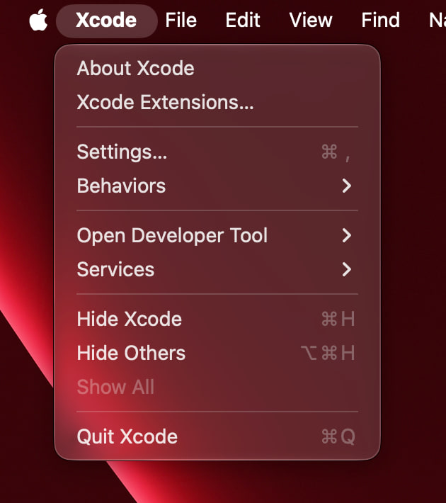 Xcode menu showing the Open Developer Tool entry