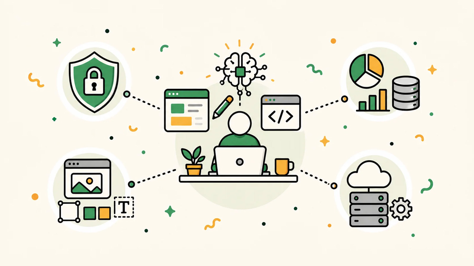 Illustration of a Product Engineer surrounded by specialists in security, data, design system and infrastructure