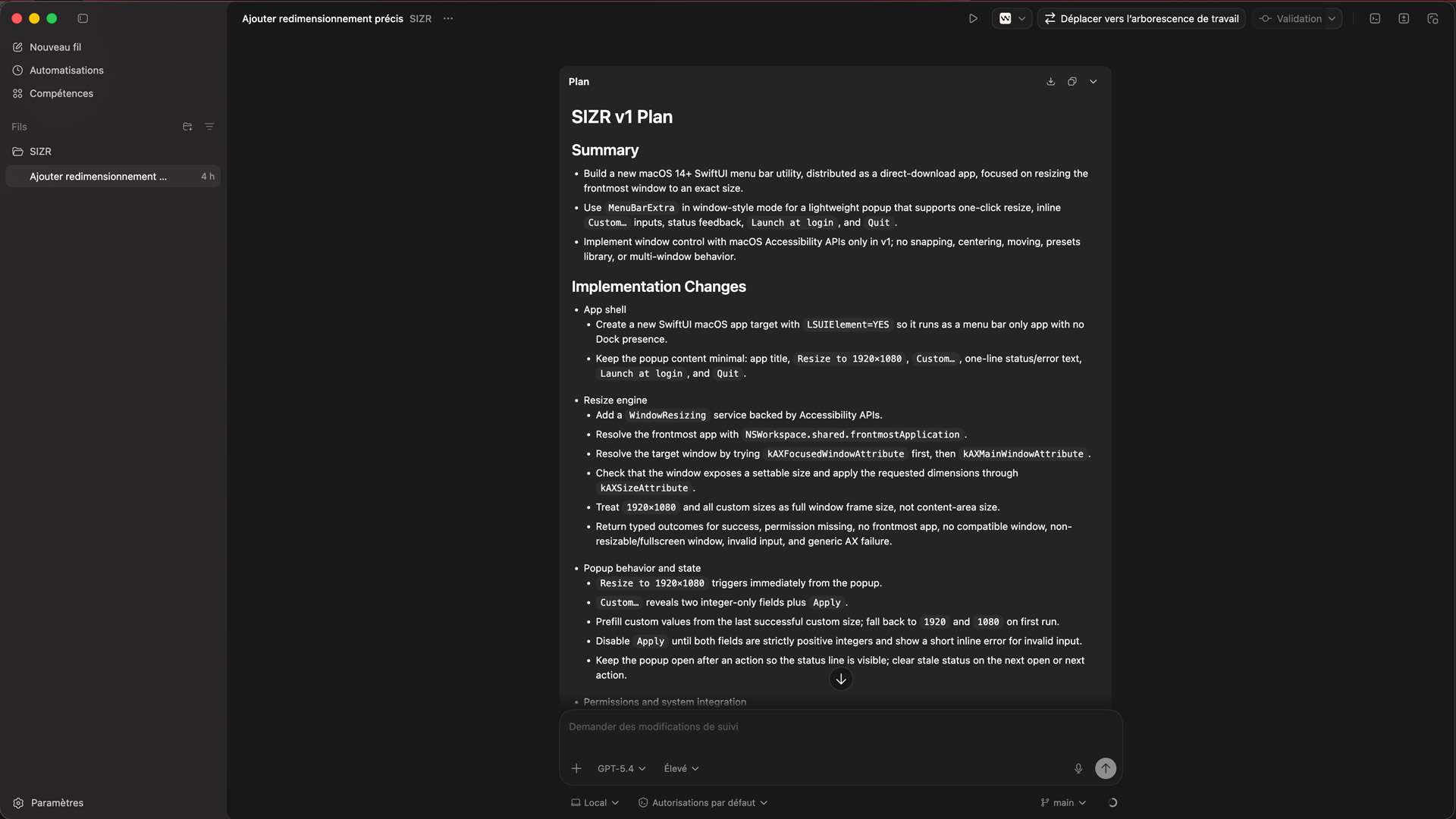 Codex interface generating the SIZR application