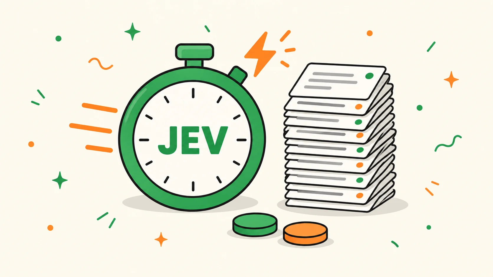 Jev represented as a stopwatch next to a stack of messages to process